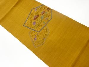 手織り紬汕頭相良刺繍幾何学に花模様袋帯
